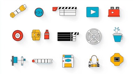 Poster - Comprehensive Video Player Icon Set Featuring Cinema Elements Like Film Reel Clapperboard and Live Streaming in Thin Line Style for Multimedia Entertainment and Digital Media Applications