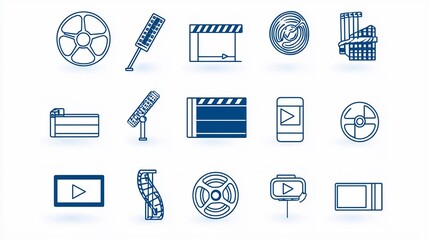 Poster - Comprehensive Set of Minimal Video Player Icons Including Clapperboard Film Reel Play and Stop Buttons Depicted in a Thin Line Style for Multimedia Entertainment and Cinema