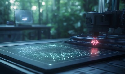 Aufkleber - A high-tech device illuminates a surface with a glowing pattern in a lush, green, forest-like environment, blending nature and technology.