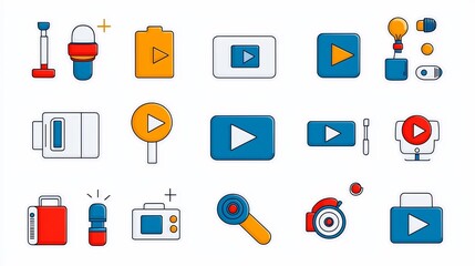 Fototapete - Comprehensive icon set showcasing the essential elements for online video and streaming platforms including live buttons in a minimal style design