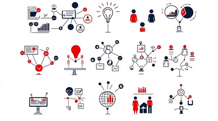 Aufkleber - Minimalist icons symbolizing a company s organizational structure teamwork and community connections  Geometric shapes and abstract designs convey a professional technology driven business concept