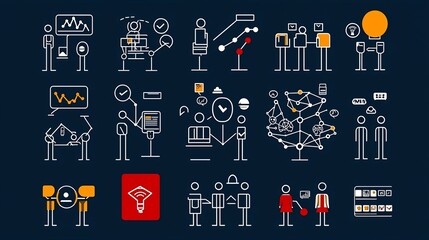 Aufkleber - Minimalist depicting various icons and symbols representing business connections organizational hierarchy and teamwork  Simple line art design showcasing concepts related to corporate structure