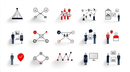 Poster - depicting various icons representing the concepts of business connections organizational structure teamwork and workflow  The simple line graphics showcase elements like productivity in a modern
