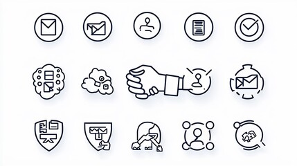 Poster - Set of minimal line icons depicting trust building symbols such as handshake partnership and sponsorship in a corporate professional business context