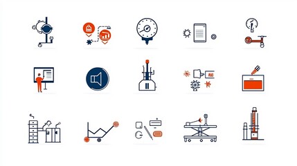 Aufkleber - Comprehensive collection of productivity icons for industrial minimalist line designs that symbolize key processes services and performance metrics for efficient workflow and business optimization