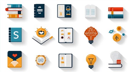 Aufkleber - Clean of Icon Set Representing the Concepts of Knowledge Education Learning and Intelligence with Symbols of a Book Brain and Light Bulb