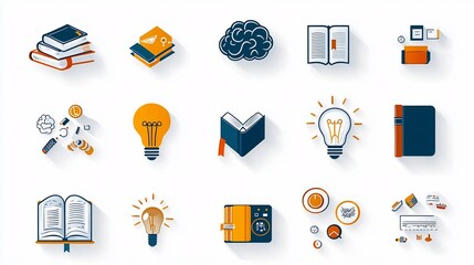 Aufkleber - Iconic Symbols of Knowledge and Education A Clean Featuring the Book Brain and Light Bulb as Representations of Learning Intellect and Insight
