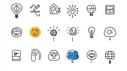 Poster - Collection of simple line icons representing various cognitive themes such as the mind thinking imagination knowledge and creativity