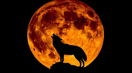  A wolf silhouetted against a large, full, orange moon in a dark, starry night sky.