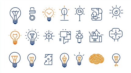 Poster - Minimalist line art icons featuring a globe light bulb and brain symbols representing genius ideas clever thinking and intellectual problem solving