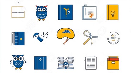 Fototapete - Iconic Imagery Representing Imagination and Cognitive Processes Such as Mind Owl and Book Symbols Depicted in a Clean Style