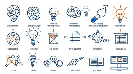 Fototapete - Minimalist icon set illustrating the themes of education learning and creative thinking  Symbols include a brain light bulb and globe represented with simple line designs