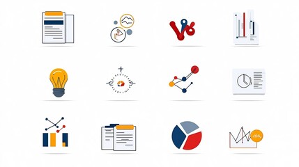 Fototapete - Minimalist icons and symbols representing various aspects of business evaluation data analysis and management analytics for reports dashboards and infographic designs