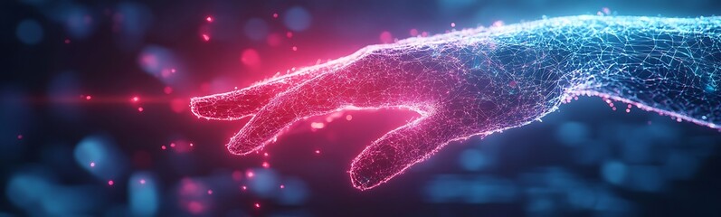 Poster - A digitally rendered hand made of shimmering particles extends towards a glowing point, symbolizing connection and the fusion of technology with humanity.