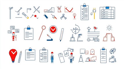 Leinwandbilder - A set of thin line icons focused on survey and test evaluation concepts including report inspecting and checklist symbols in a simple style