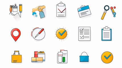 Leinwandbilder - A collection of thin line icons focused on survey testing and evaluation tools and symbols including report inspection checklist and data analysis elements in a simple graphic style