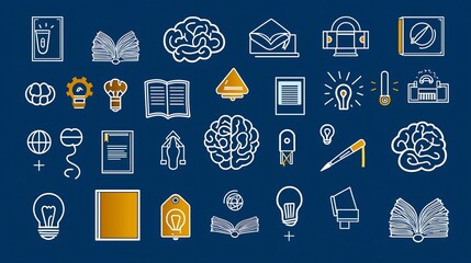 Poster - Thin line icons for education and learning concept featuring book brain and creativity symbols in a The image represents the ideas of knowledge skill development academic study