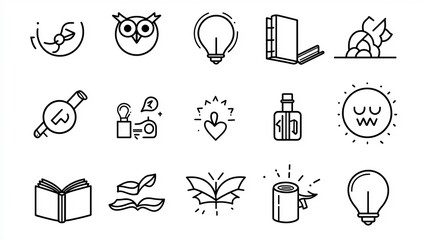 Aufkleber - Set of thin line icons focused on knowledge and discovery featuring book owl and idea symbols in a simple style  Representing concepts of creativity