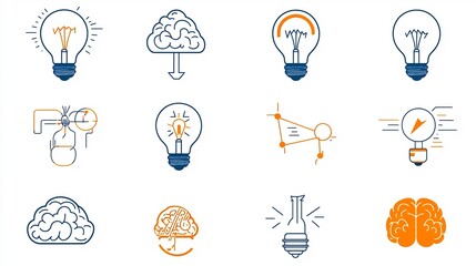 Fototapete - Minimalist icon set illustrating the concept of genius and intelligence featuring light bulb brain and imagination symbols in a thin line design style  Representing creative ideas problem solving