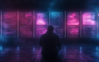 Fototapete - A silhouetted figure sits before glowing screens, immersed in a colorful digital world, suggesting themes of technology and data exploration.
