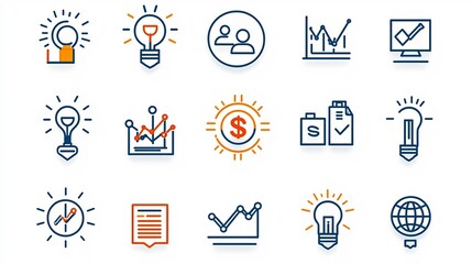 Poster - Set of 15 Minimalist Linear Business Icons Representing Concepts Like Teamwork Growth Target Goals and Innovation in a Clean Style
