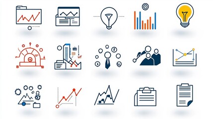 Fototapete - A comprehensive set of 15 clean and simple business outline icons featuring key elements like leadership communication market analysis and finance for use in strategy management