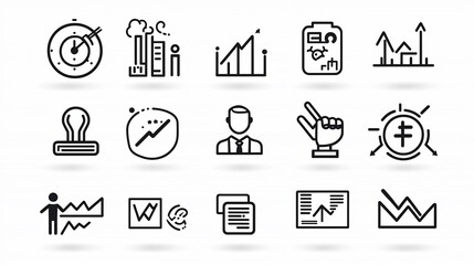 Poster - Set of 15 clean and simple business outline icons featuring themes of leadership communication market analysis and finance to represent corporate strategies workflow and business development