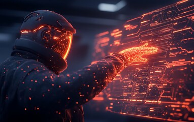 Poster - A futuristic figure interacts with a glowing, digital interface, surrounded by a dark environment, creating a high-tech atmosphere.