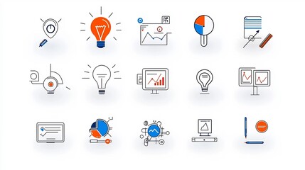 Aufkleber - Minimalistic business icon set featuring 15 outlines focused on data management strategy and communication  This clean and modern showcases digital concepts and infographics for analytics