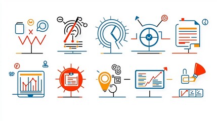 Aufkleber - Set of 15 minimalist linear icons representing modern business concepts including analytics target project management ideal for infographic presentation and digital design applications