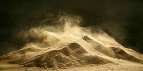 A mountain covered in sand with a lot of dust blowing in the wind