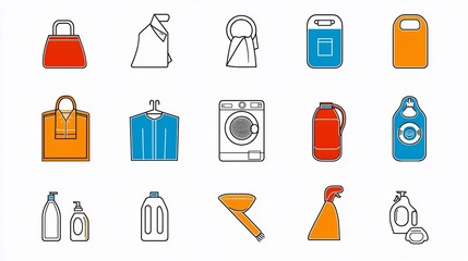 Poster - Set of 15 thin line icons for fabric care and features including washing drying and ironing symbols
