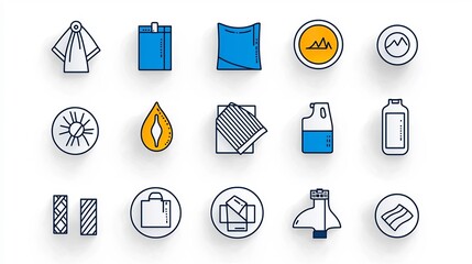 Poster - Set of 15 linear minimalist icons representing various fabric attributes and properties such as water repellency UV protection and quick drying capabilities designed for use in textile apparel