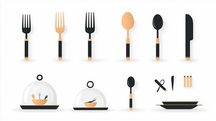 Poster - Minimalist icon set featuring a collection of essential cutlery items including a fork spoon knife plate and cloche designed for catering restaurant and dining related visuals and concepts
