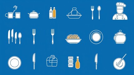 Poster - Set of icons representing catering service elements including waiter figure plate fork knife spoon and chef hat in clean style  Suitable for restaurant menu hospitality and food service design