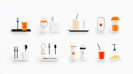Poster - Collection of Minimal Icons Representing Essential Elements of Food Service Industry such as Tray Beverages Cutlery and Dining Table  Ideal for Catering Restaurant Cafe or Hotel Branding and Signage