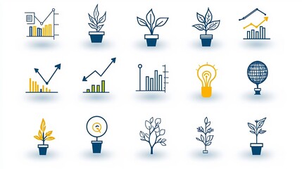 Poster - Set of 15 outline icons representing various growth concepts including upward arrows bar graphs and plant symbols showcased in a clean with editable stroke features