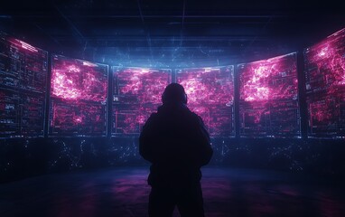 Poster - A silhouetted figure stands before vibrant, glowing screens, enveloped in a futuristic digital landscape of pink and blue hues.
