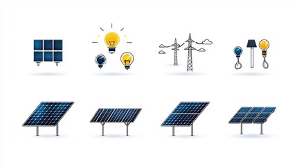 Poster - Comprehensive solar energy icon set featuring 15 outline showcasing solar panel installation power grid connection and various eco friendly symbols in a minimalist design