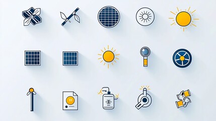 Poster - Comprehensive Collection of 15 Clean Linear Icons Representing Various Elements of Solar Energy Systems Including Renewable Energy Symbols Sunlight and Efficiency Concepts