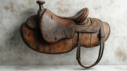 Vintage leather saddle displayed against a textured background.