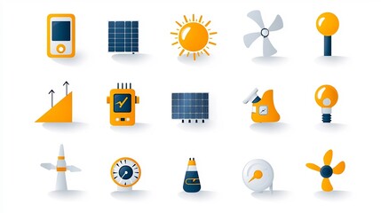 Poster - Minimal outline icons showcasing various clean energy and solar power elements including solar panels power meters sunlight harvesting and other renewable electricity concepts