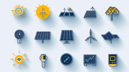 Aufkleber - Minimalist Collection of 15 Solar Energy Icons in Outline Style Focusing on Clean Energy Power Meters and Sunlight Harvesting Elements in a Design