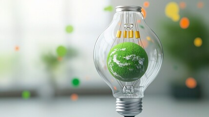 Poster - Transparent light bulb featuring a miniature green Earth inside representing continents covered in grass with delicate structures resembling power plants vibrant green yellow