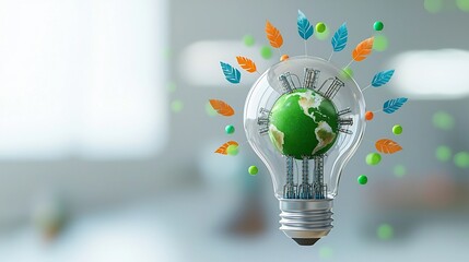 Poster - Illuminating Close up of Transparent Eco Friendly Light Bulb with Miniature Earth Interior Showcasing Intricate Power Plant Structures and Festive Green Orange and Blue Leaves Emanating from Within