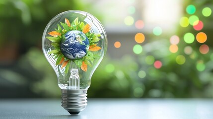 Poster - Close up of an environmentally friendly light bulb with a transparent design featuring a tiny Earth covered in lush greenery