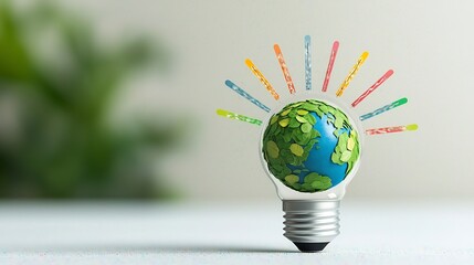 Poster - Close up of a unique eco themed light bulb containing a tiny green Earth with continents covered in leaf textures delicate internal structure representing sustainable energy
