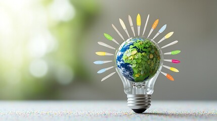 Leinwandbilder - Close up of a unique eco themed light bulb containing a tiny green Earth with continents covered in leaf textures delicate internal structure representing sustainable energy