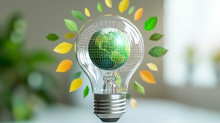 Poster - Transparent lightbulb with a miniature green Earth inside surrounded by delicate structures resembling a power grid and vivid leaf patterns radiating out against a colorful background