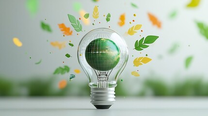 Poster - Transparent lightbulb with a miniature green Earth inside surrounded by delicate structures resembling a power grid and vivid green yellow